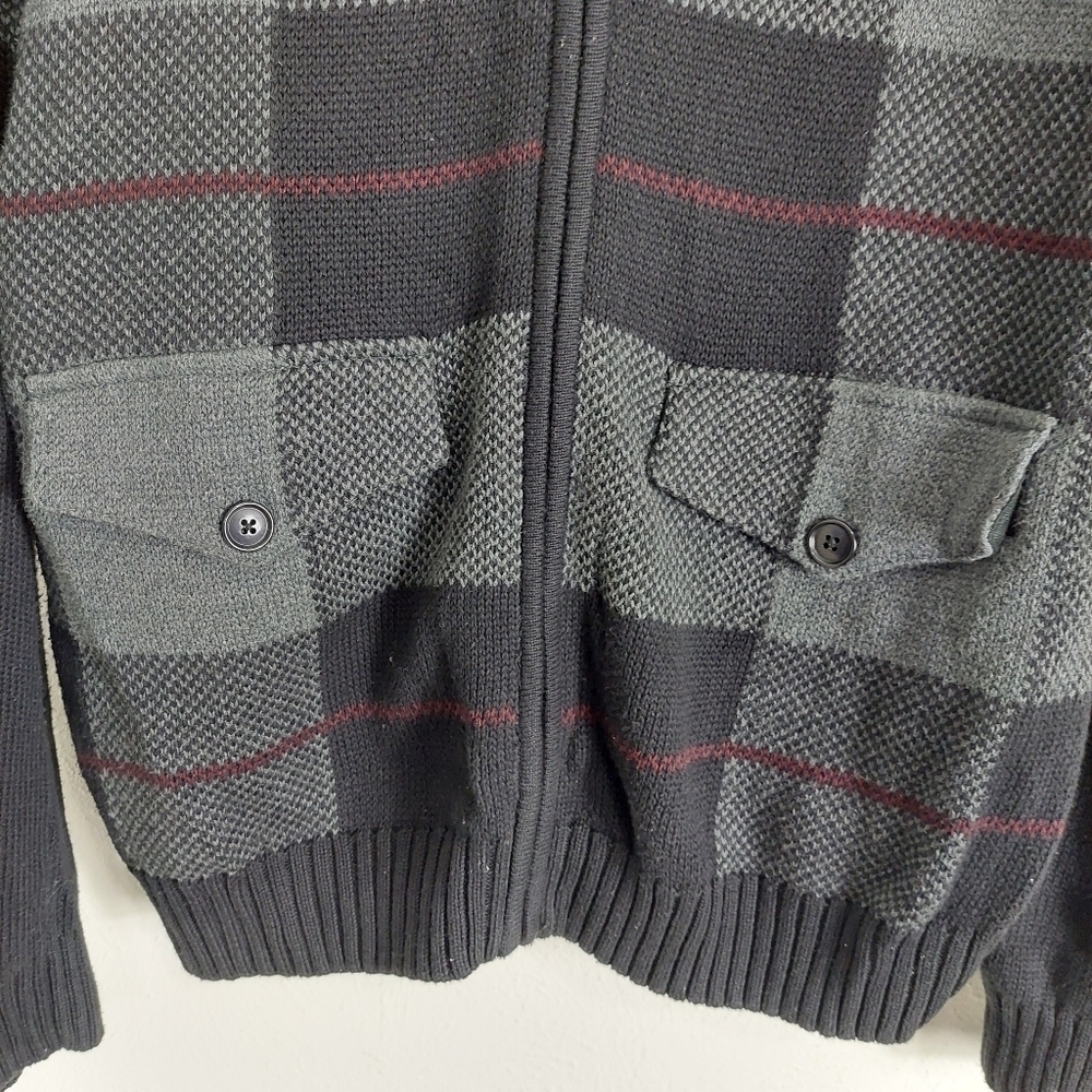 Tasso Elba Men's Size Large Zip-Front Cardigan Sweater Black Gray Plaid Pockets‎ - Picture 6 of 10